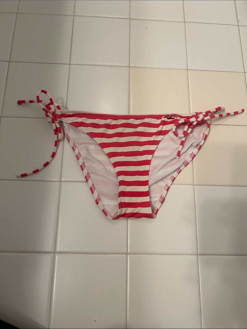 Hollister Pink and White Striped Tie-Side Bikini Bottom Y2K